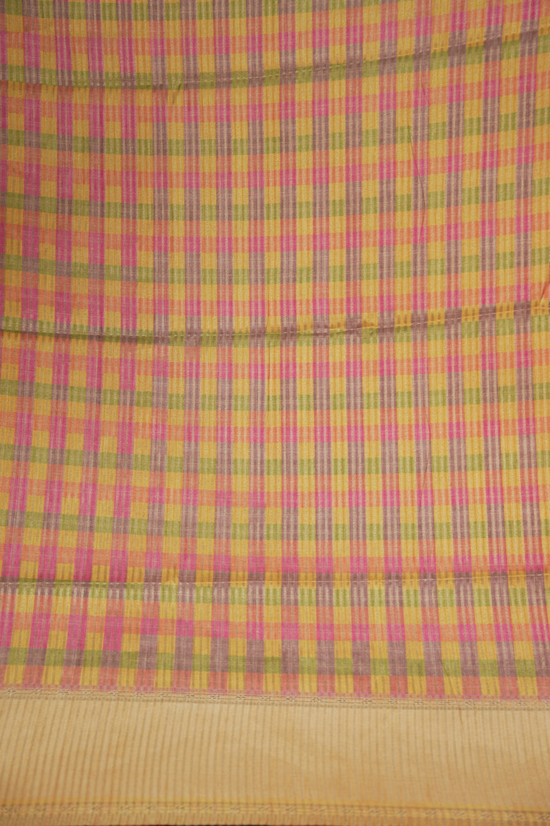 Tussar Silk Saree | Beige with Multicolor Ikat Checkered Print | Festive & Casual Wear