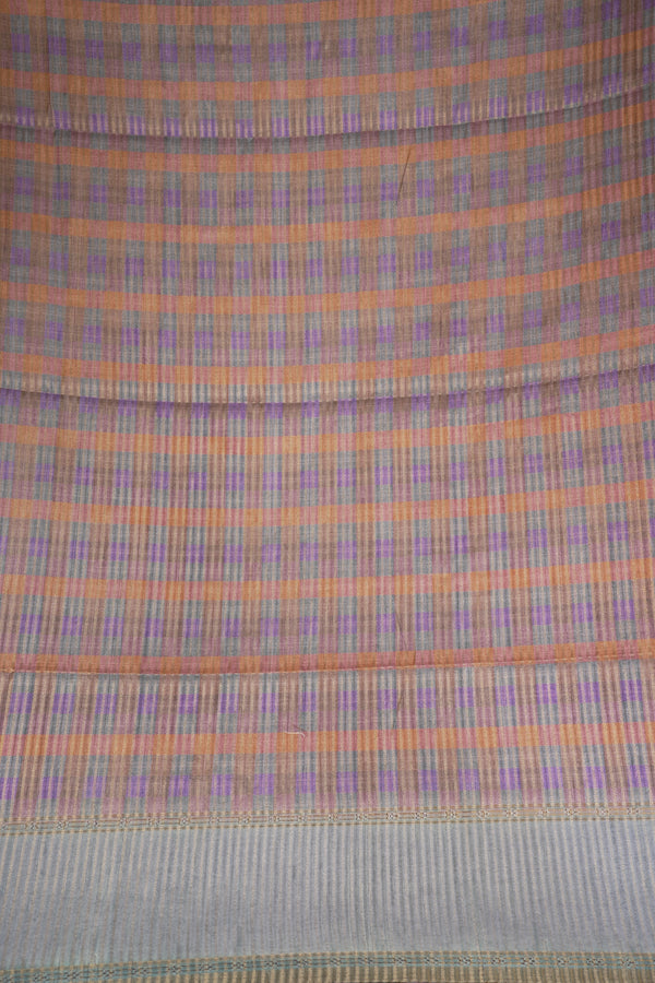 Tussar Silk Saree | Grey with Multicolor Ikat Checkered Print | Festive & Casual Wear