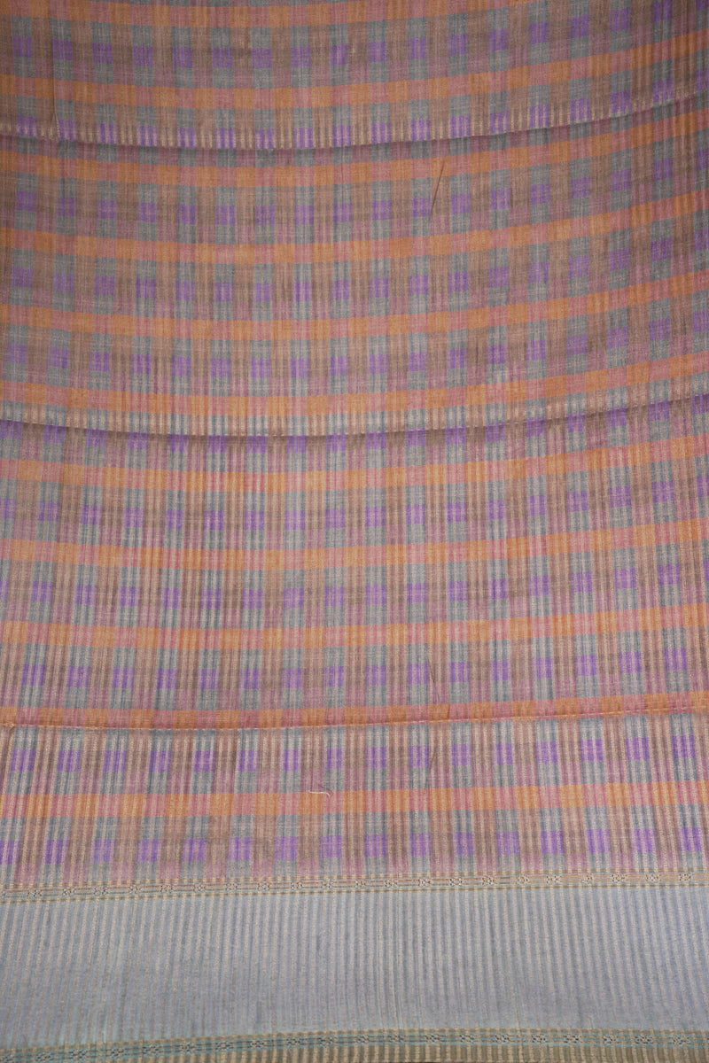 Tussar Silk Saree | Grey with Multicolor Ikat Checkered Print | Festive & Casual Wear