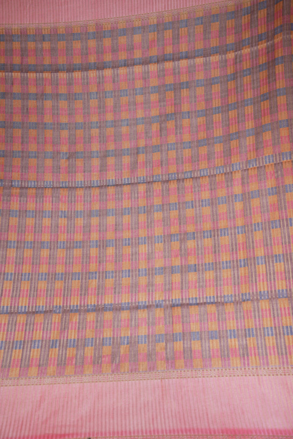 Tussar Silk Saree | Baby Pink with Multicolor Ikat Checkered Print | Festive & Casual Wear