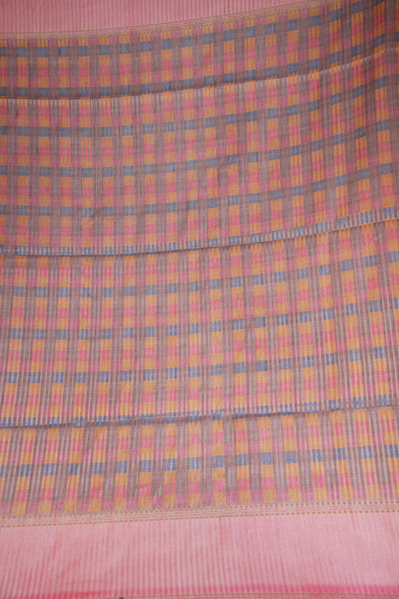 Tussar Silk Saree | Baby Pink with Multicolor Ikat Checkered Print | Festive & Casual Wear