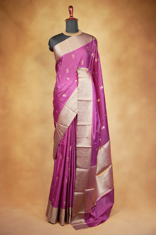 Banarasi Silk Saree | Purple with Beige Gold Striped Border | Wedding & Festive Wear