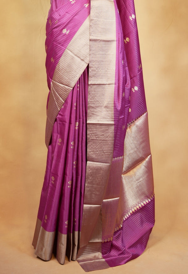 Banarasi Silk Saree | Purple with Beige Gold Striped Border | Wedding & Festive Wear