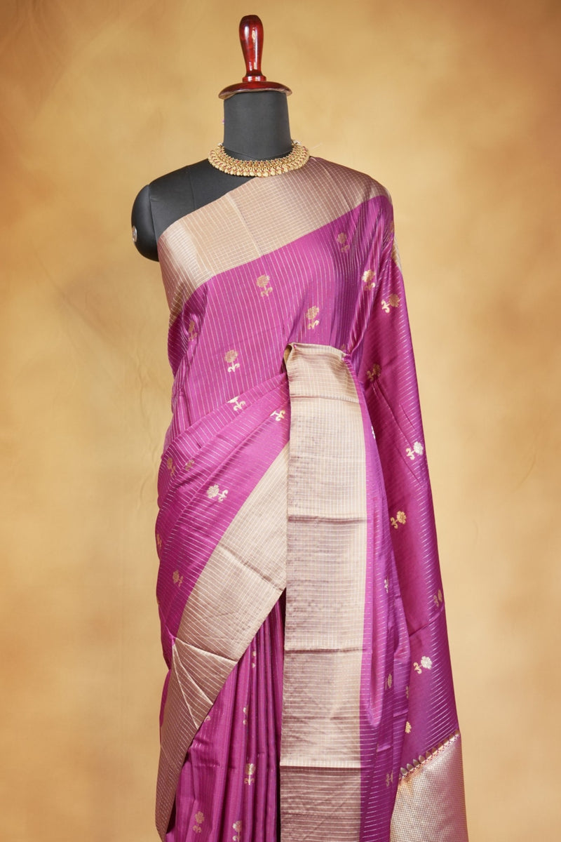 Banarasi Silk Saree | Purple with Beige Gold Striped Border | Wedding & Festive Wear