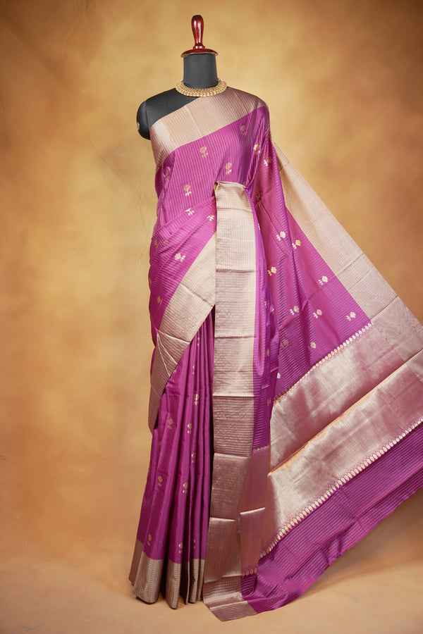 Banarasi Silk Saree | Purple with Beige Gold Striped Border | Wedding & Festive Wear