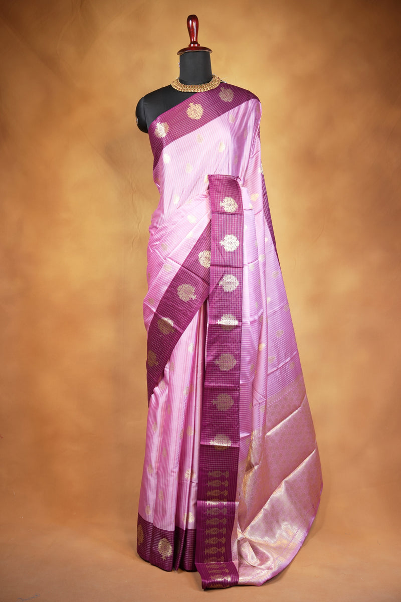 Banarasi Silk Saree | Lavender Pink with Wine Purple Zari Check Border | Wedding & Festive Wear