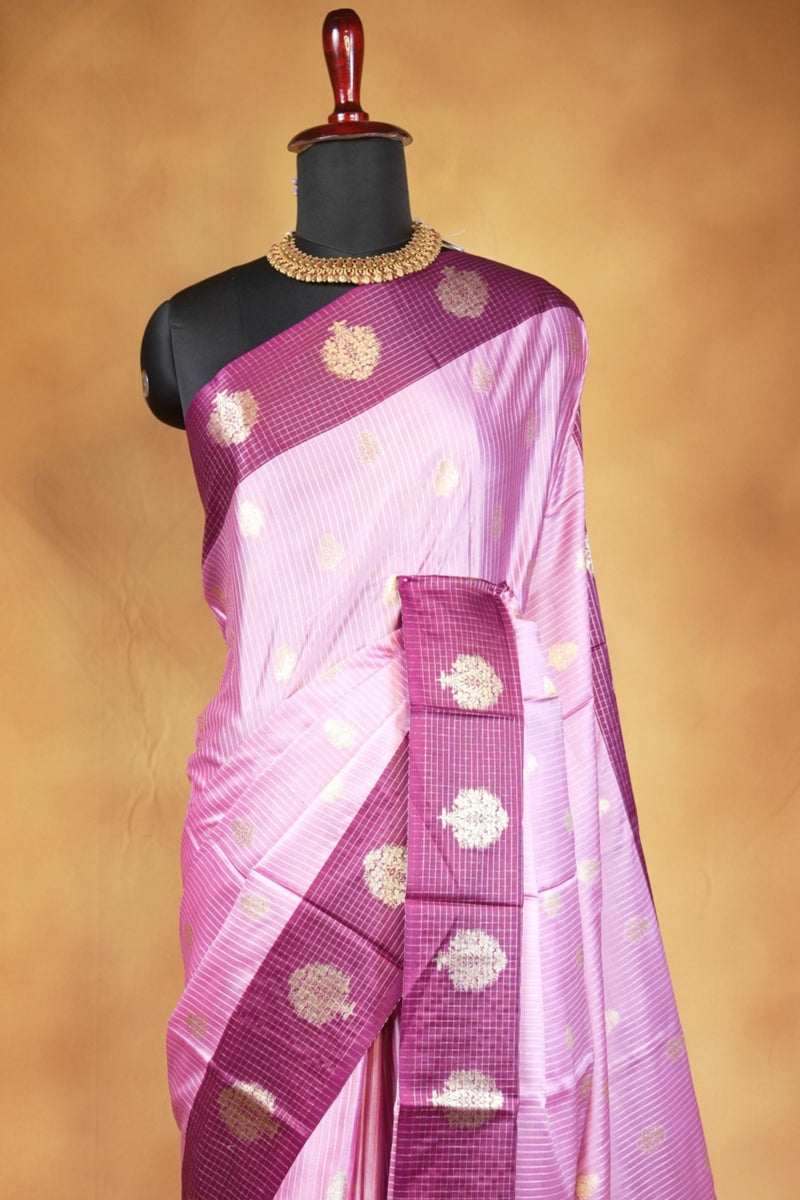 Banarasi Silk Saree | Lavender Pink with Wine Purple Zari Check Border | Wedding & Festive Wear