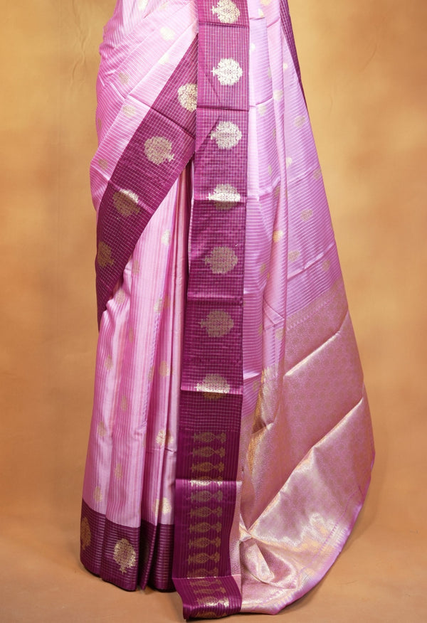 Banarasi Silk Saree | Lavender Pink with Wine Purple Zari Check Border | Wedding & Festive Wear