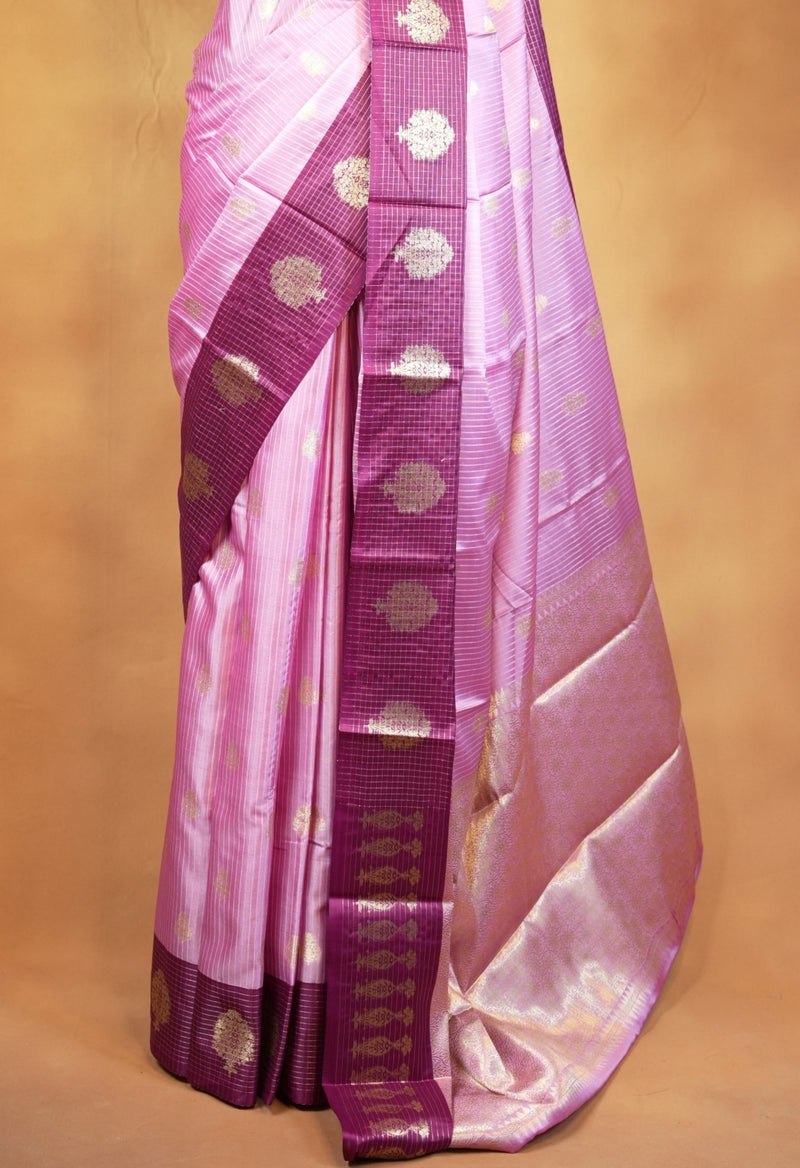 Banarasi Silk Saree | Lavender Pink with Wine Purple Zari Check Border | Wedding & Festive Wear