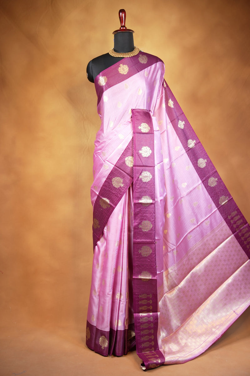 Banarasi Silk Saree | Lavender Pink with Wine Purple Zari Check Border | Wedding & Festive Wear