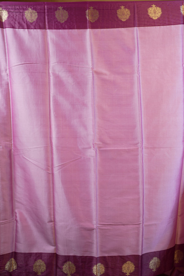 Banarasi Silk Saree | Lavender Pink with Wine Purple Zari Check Border | Wedding & Festive Wear