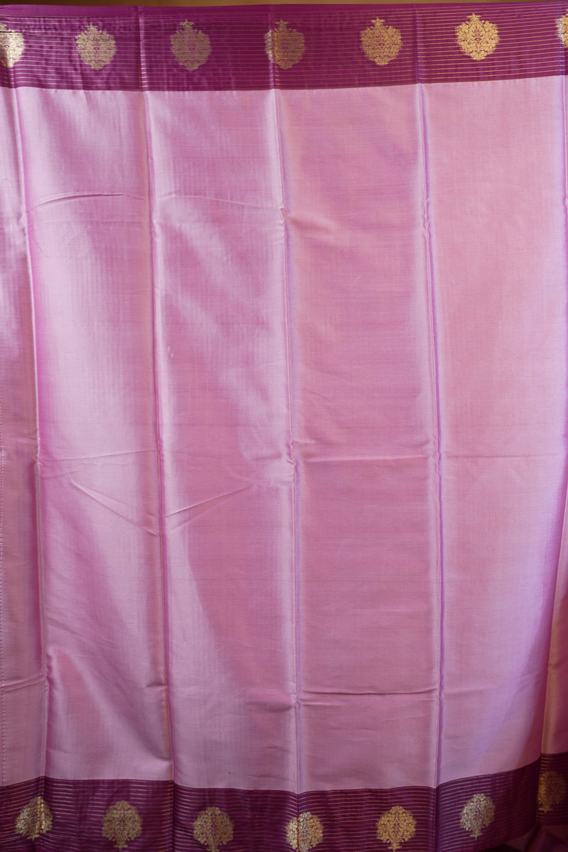 Banarasi Silk Saree | Lavender Pink with Wine Purple Zari Check Border | Wedding & Festive Wear