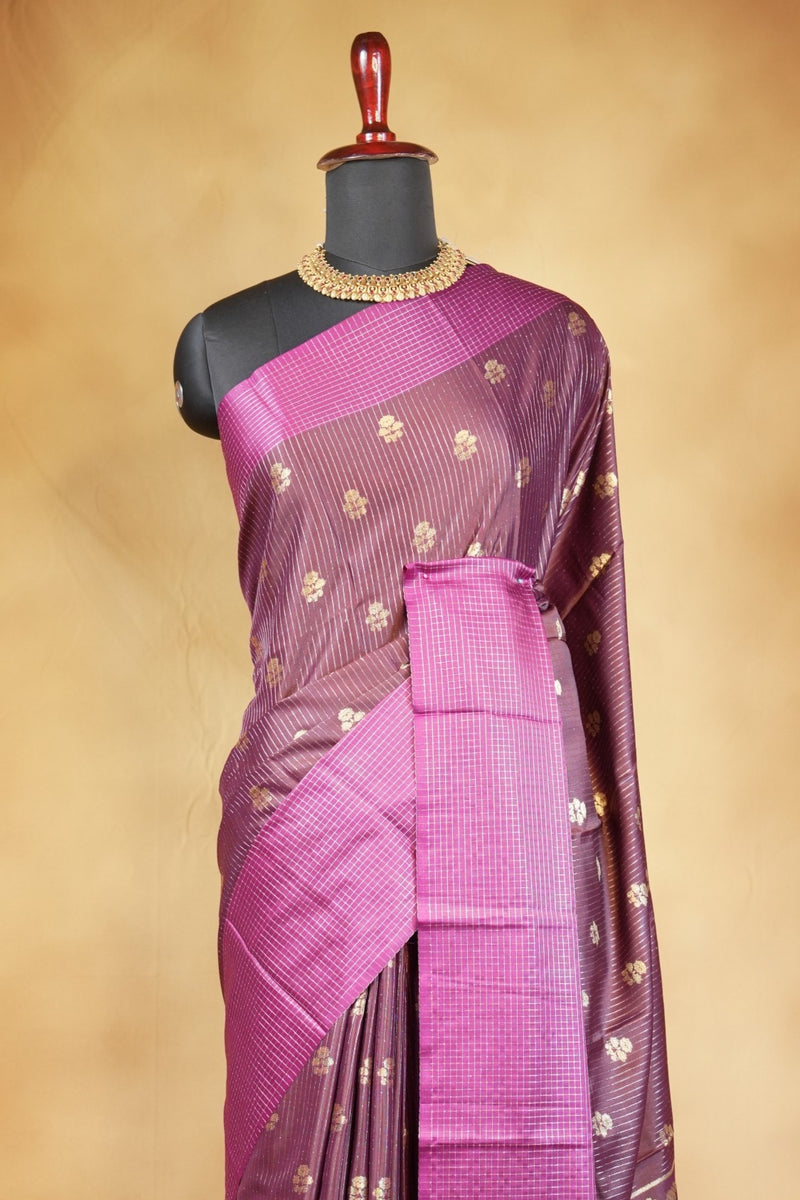 Banarasi Silk Saree | Wine Brown with Magenta Pink Border | Wedding & Festive Wear