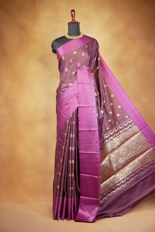 Banarasi Silk Saree | Wine Brown with Magenta Pink Border | Wedding & Festive Wear