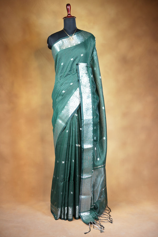 Kota Cotton Saree | Bottle Green with Silver Zari Floral Border | Casual & Festive Wear
