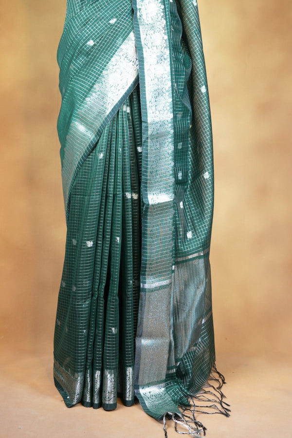 Kota Cotton Saree | Bottle Green with Silver Zari Floral Border | Casual & Festive Wear