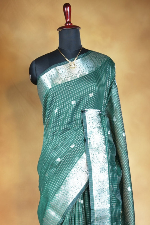 Kota Cotton Saree | Bottle Green with Silver Zari Floral Border | Casual & Festive Wear