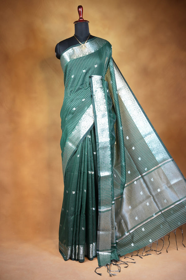 Kota Cotton Saree | Bottle Green with Silver Zari Floral Border | Casual & Festive Wear