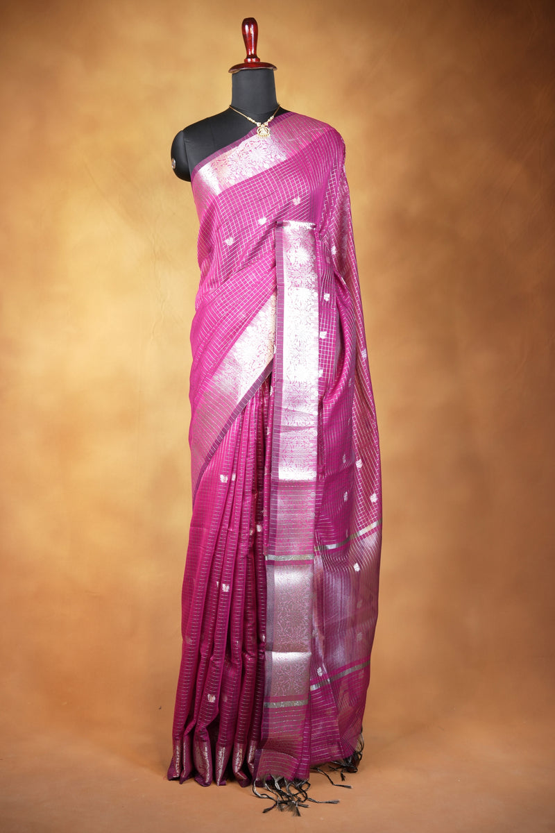 Kota Cotton Saree | Magenta Purple with Silver Zari Floral Border | Casual & Festive Wear