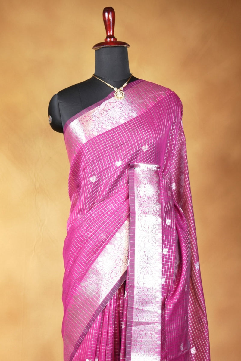 Kota Cotton Saree | Magenta Purple with Silver Zari Floral Border | Casual & Festive Wear
