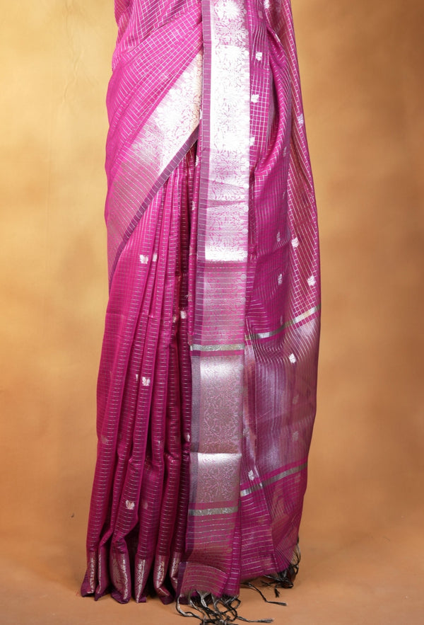 Kota Cotton Saree | Magenta Purple with Silver Zari Floral Border | Casual & Festive Wear