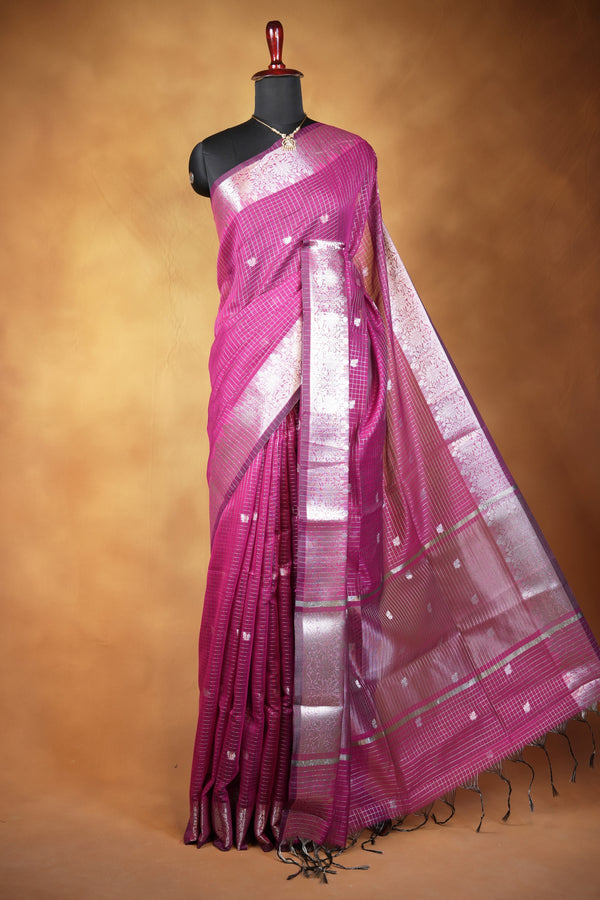 Kota Cotton Saree | Magenta Purple with Silver Zari Floral Border | Casual & Festive Wear