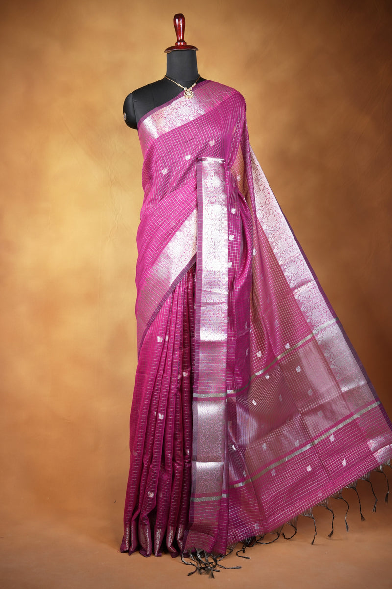 Kota Cotton Saree | Magenta Purple with Silver Zari Floral Border | Casual & Festive Wear