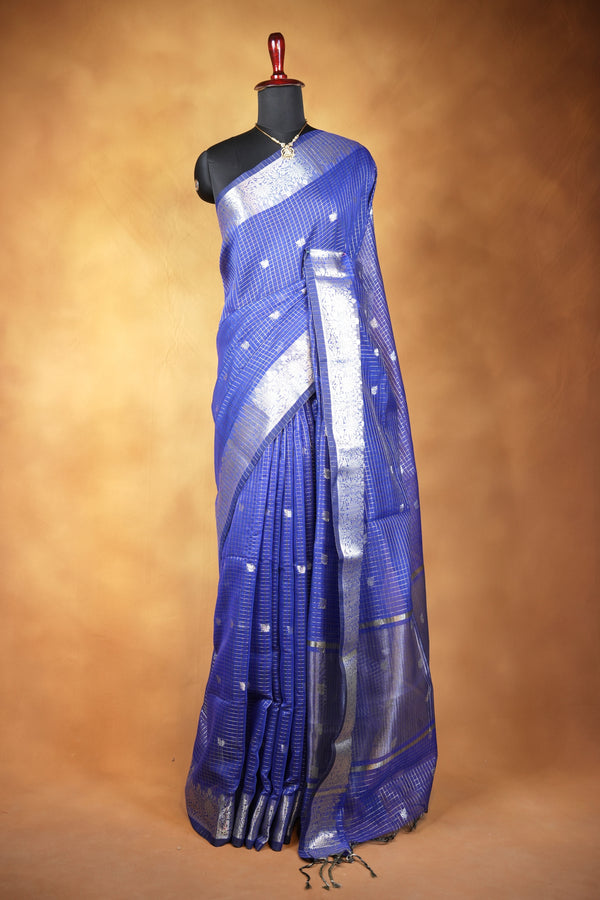 Kota Cotton Saree | Navy Blue with Silver Zari Floral Border | Casual & Festive Wear