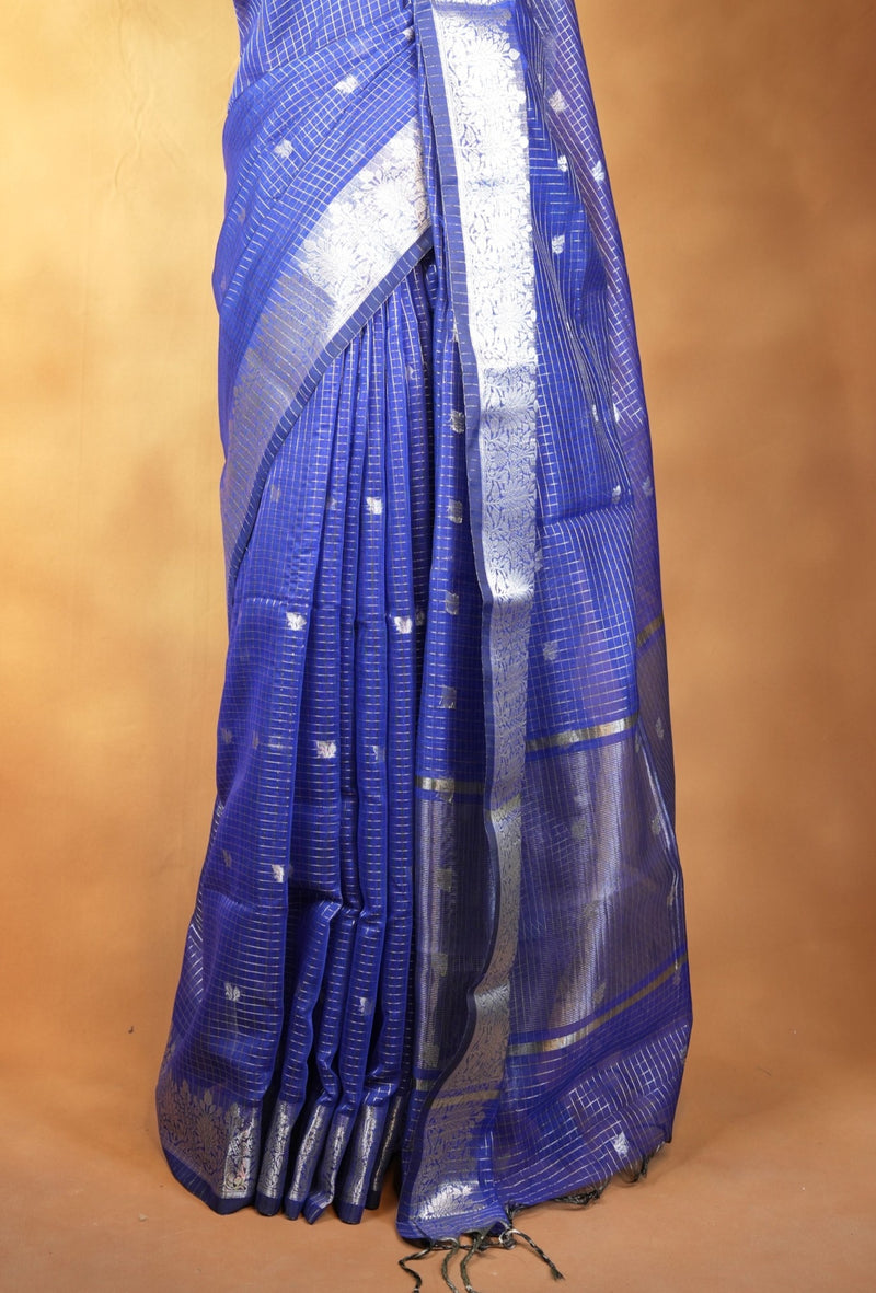 Kota Cotton Saree | Navy Blue with Silver Zari Floral Border | Casual & Festive Wear