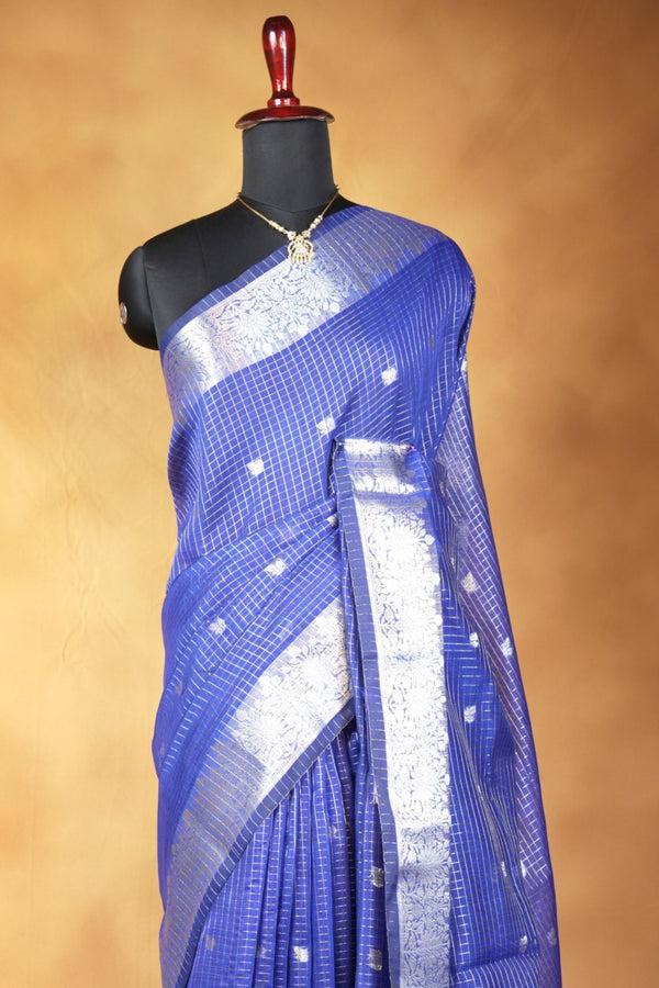 Kota Cotton Saree | Navy Blue with Silver Zari Floral Border | Casual & Festive Wear