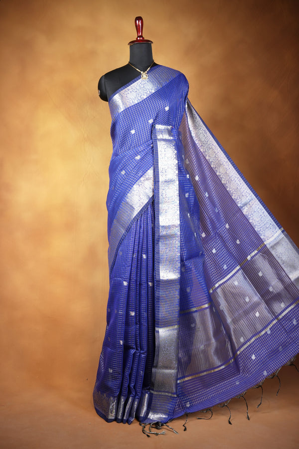 Kota Cotton Saree | Navy Blue with Silver Zari Floral Border | Casual & Festive Wear