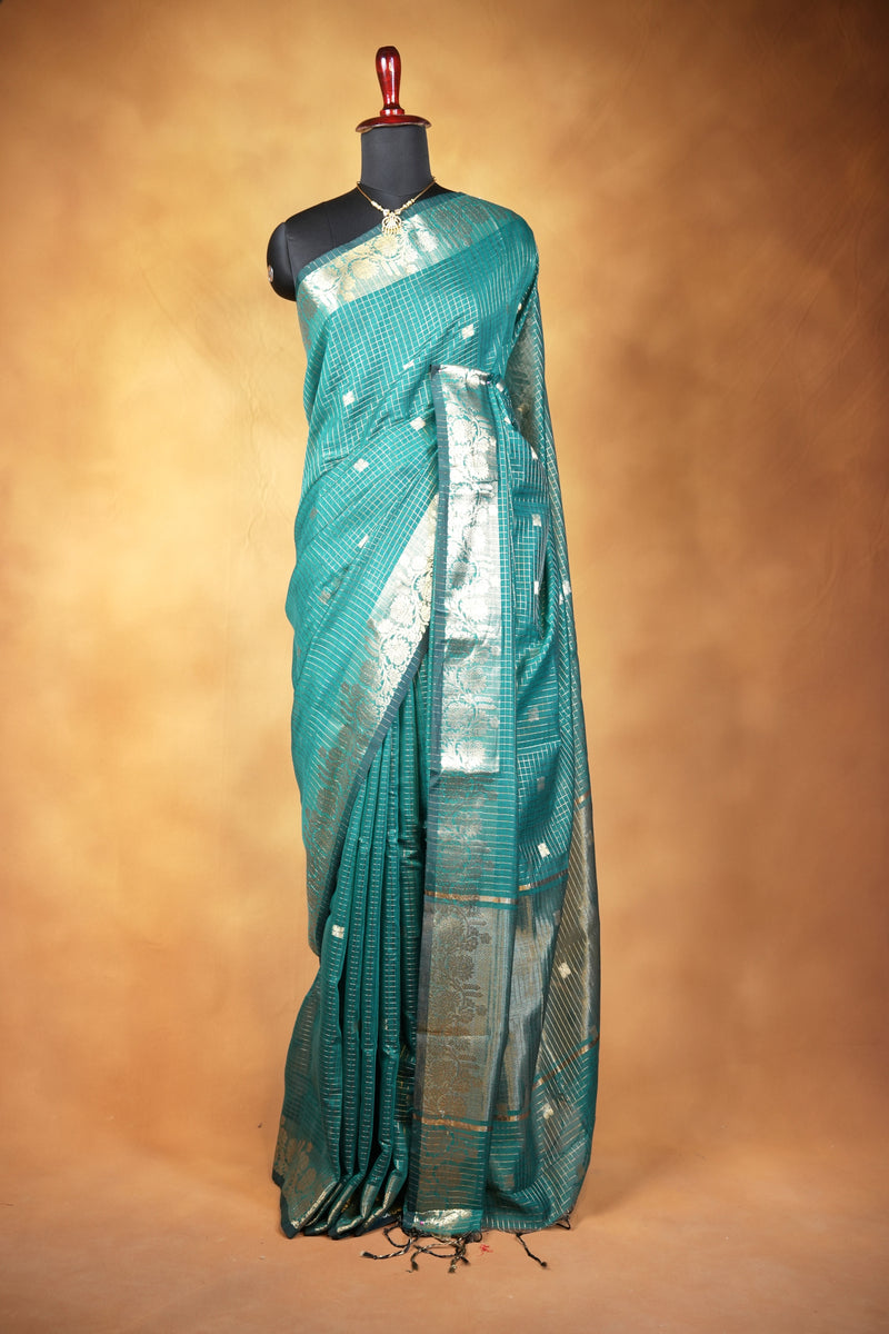Kota Cotton Saree | Sea Green with Silver Grey Floral Pallu | Traditional Ethnic Wear