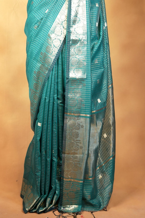 Kota Cotton Saree | Sea Green with Silver Grey Floral Pallu | Traditional Ethnic Wear