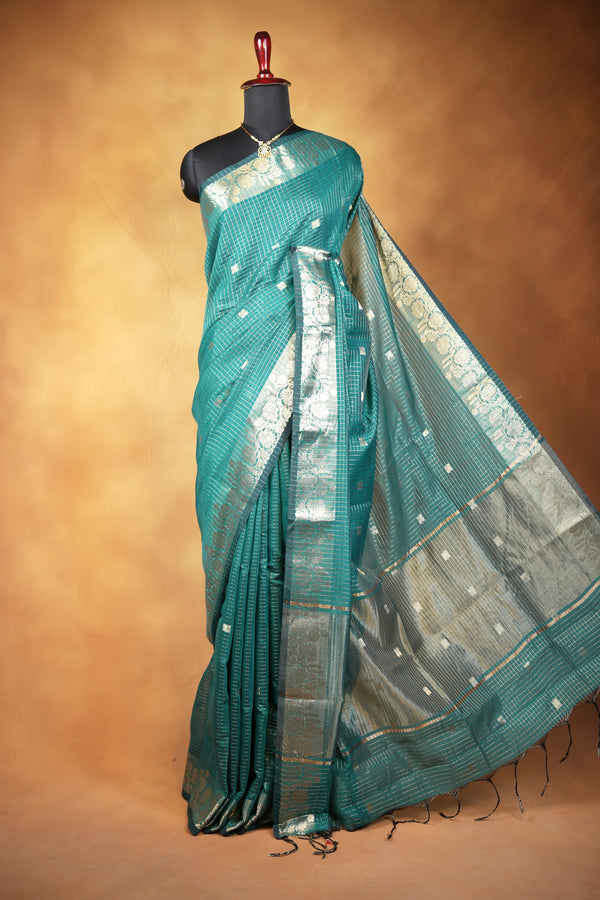 Kota Cotton Saree | Sea Green with Silver Grey Floral Pallu | Traditional Ethnic Wear