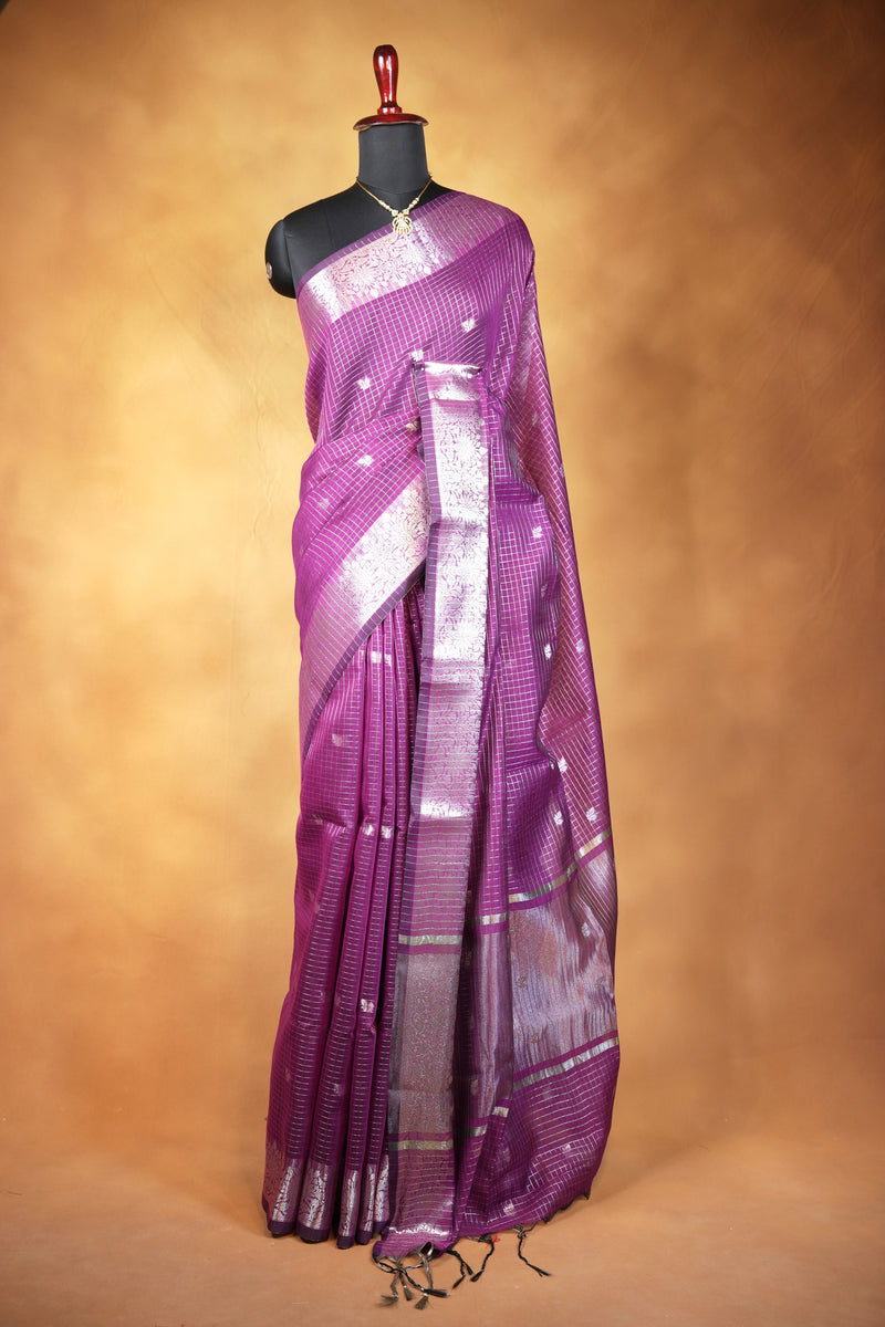 Kota Cotton Saree | Purple with Silver Zari Floral Border | Casual & Festive Wear