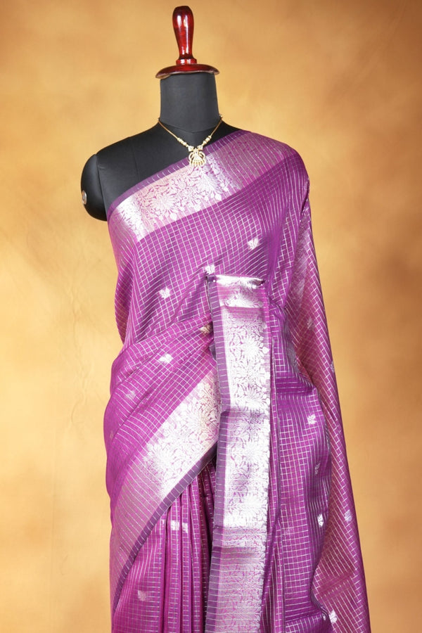 Kota Cotton Saree | Purple with Silver Zari Floral Border | Casual & Festive Wear