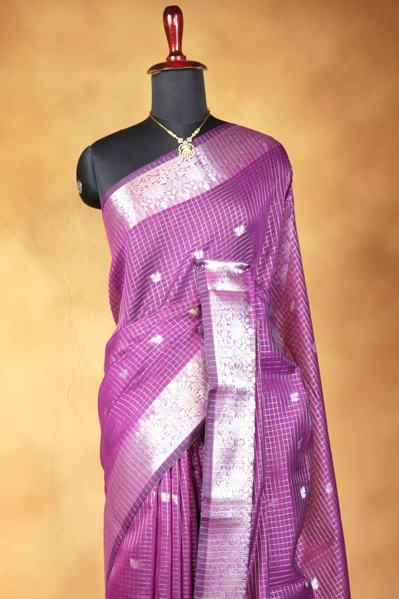 Kota Cotton Saree | Purple with Silver Zari Floral Border | Casual & Festive Wear