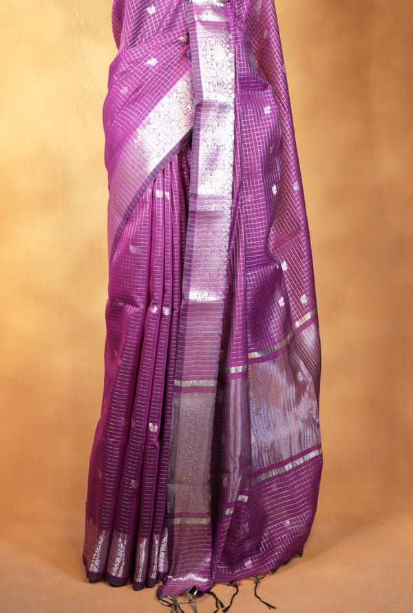 Kota Cotton Saree | Purple with Silver Zari Floral Border | Casual & Festive Wear