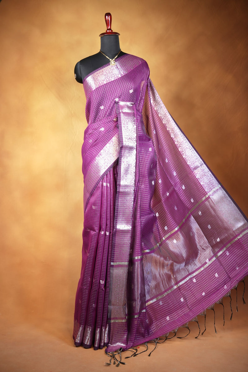 Kota Cotton Saree | Purple with Silver Zari Floral Border | Casual & Festive Wear