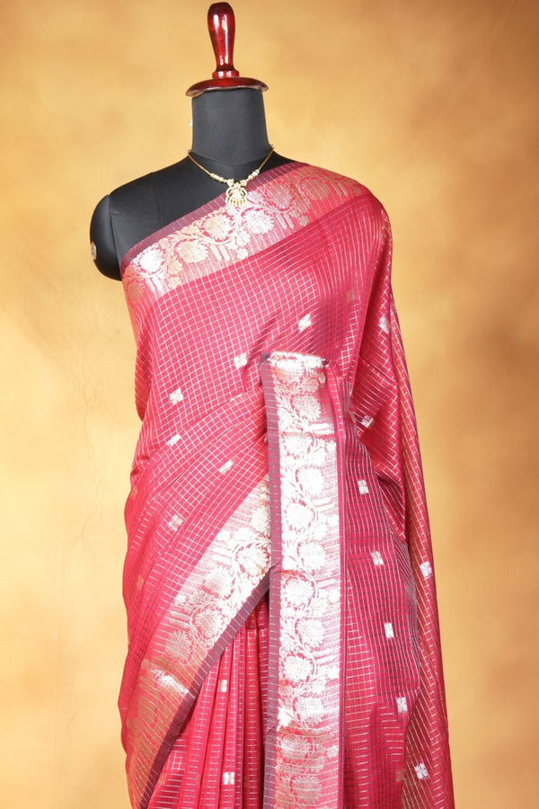 Bronze Kota Cotton Saree | Checkered Weave with Contrast Silver Border | Office & Daily Wear