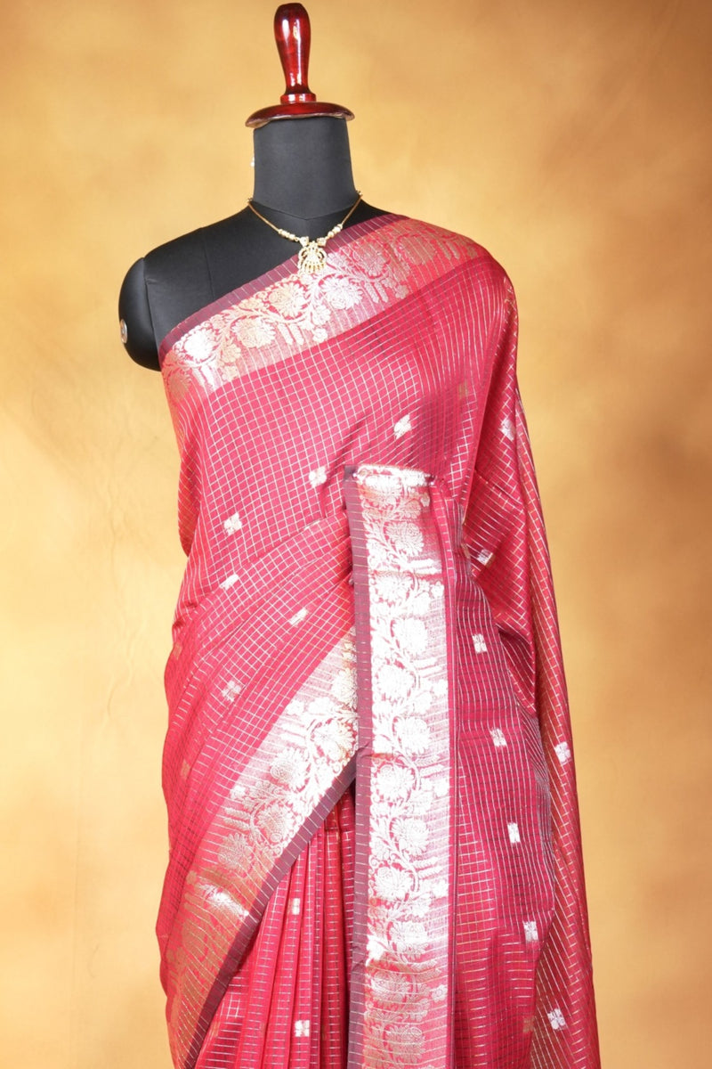 Bronze Kota Cotton Saree | Checkered Weave with Contrast Silver Border | Office & Daily Wear