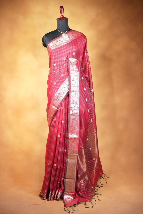 Bronze Kota Cotton Saree | Checkered Weave with Contrast Silver Border | Office & Daily Wear