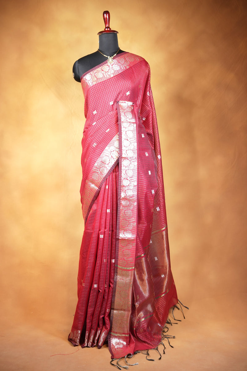 Bronze Kota Cotton Saree | Checkered Weave with Contrast Silver Border | Office & Daily Wear