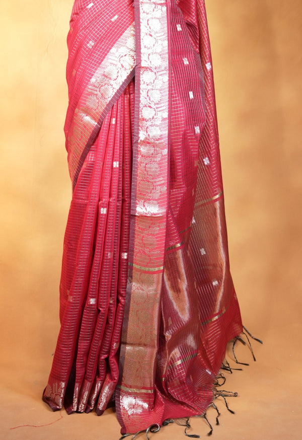 Bronze Kota Cotton Saree | Checkered Weave with Contrast Silver Border | Office & Daily Wear