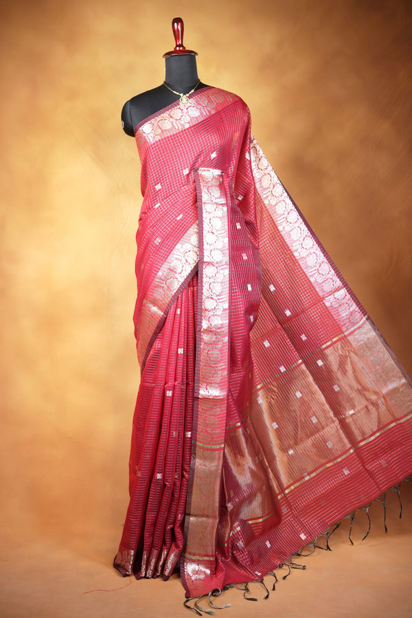Bronze Kota Cotton Saree | Checkered Weave with Contrast Silver Border | Office & Daily Wear