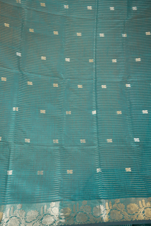 Kota Cotton Saree | Bottle Green with Silver Zari Floral Border | Casual & Festive Wear