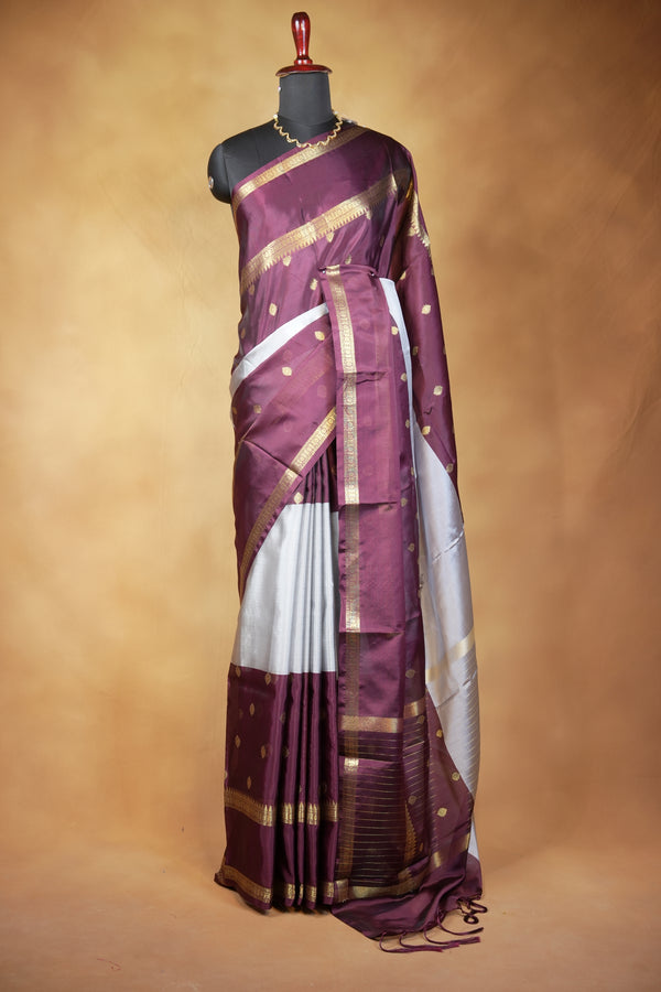 Banarasi Silk Saree | Plum Purple with Silver Grey Pallu & Rich Zari Border | Traditional Wedding Saree