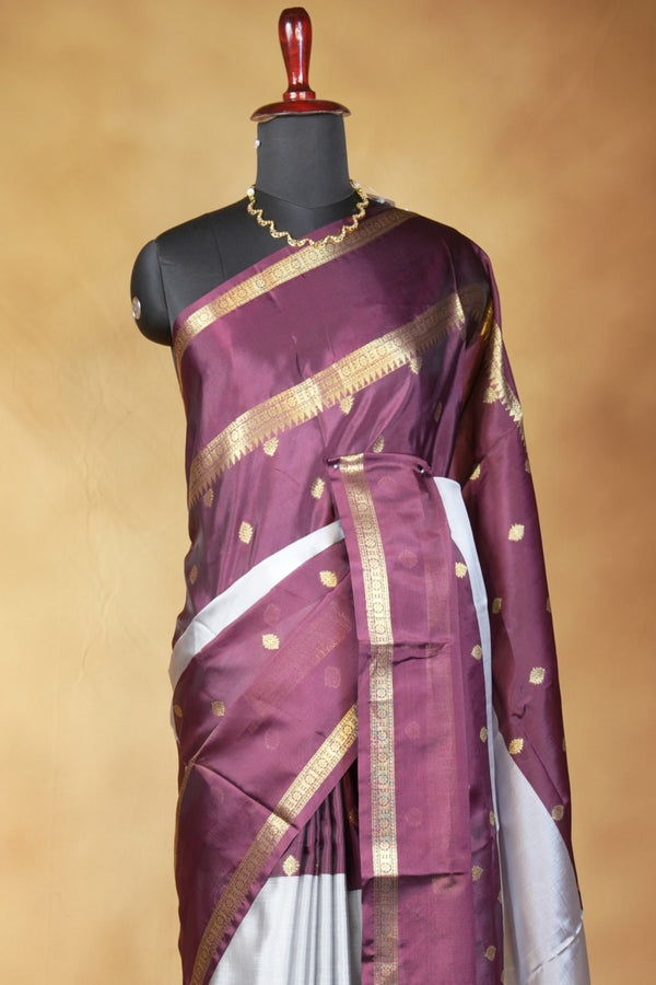 Banarasi Silk Saree | Plum Purple with Silver Grey Pallu & Rich Zari Border | Traditional Wedding Saree