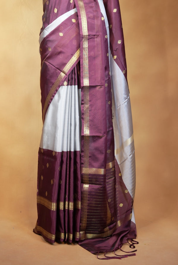 Banarasi Silk Saree | Plum Purple with Silver Grey Pallu & Rich Zari Border | Traditional Wedding Saree