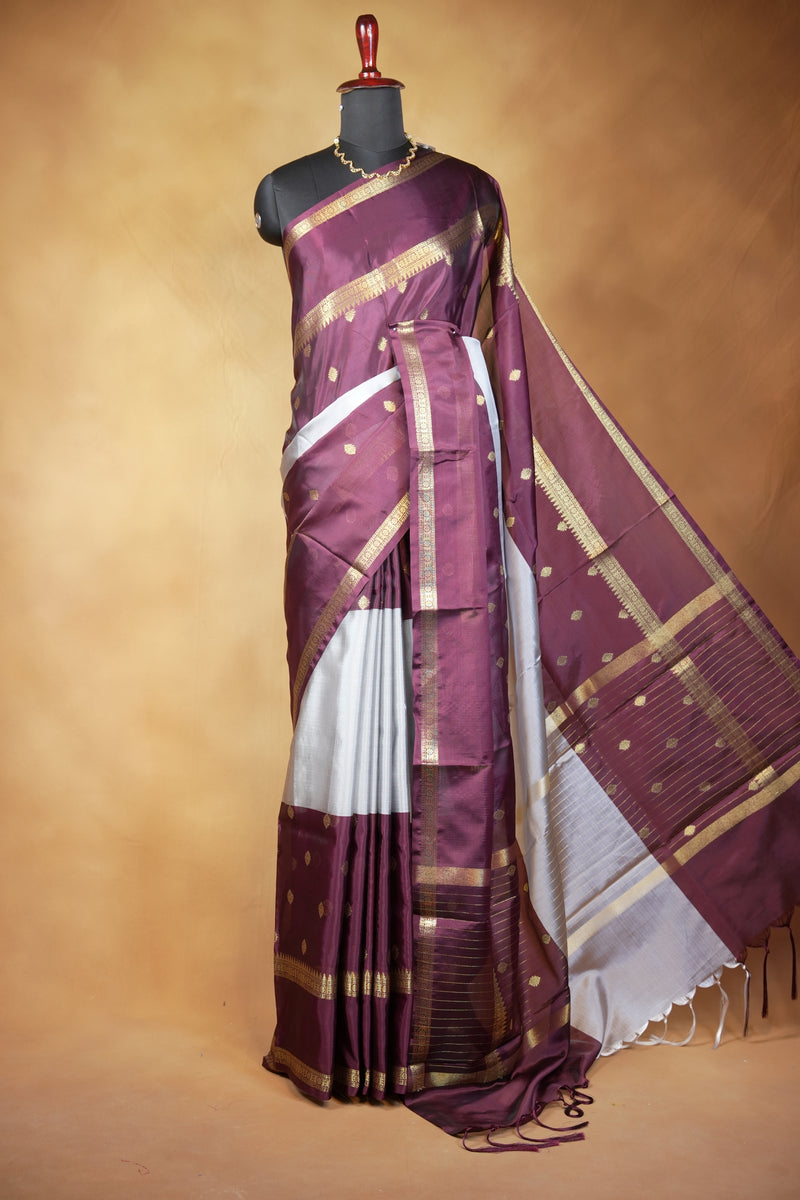 Banarasi Silk Saree | Plum Purple with Silver Grey Pallu & Rich Zari Border | Traditional Wedding Saree